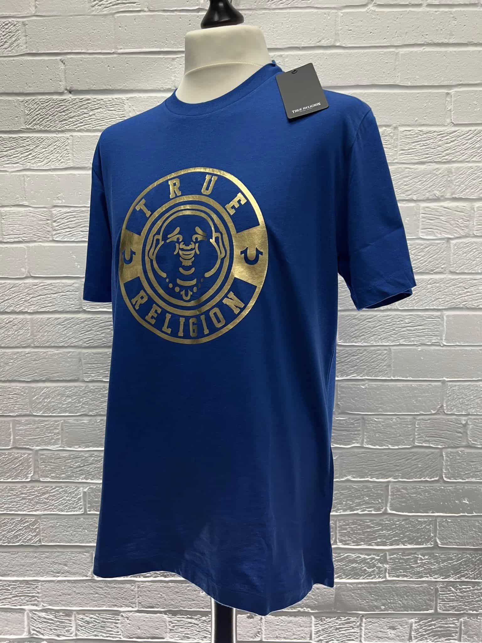 53344755 53240294 12862811 11793262 53277933 True Religion Mens Foil Buddha Face Crew Neck T-Shirt in Blue - Image 1