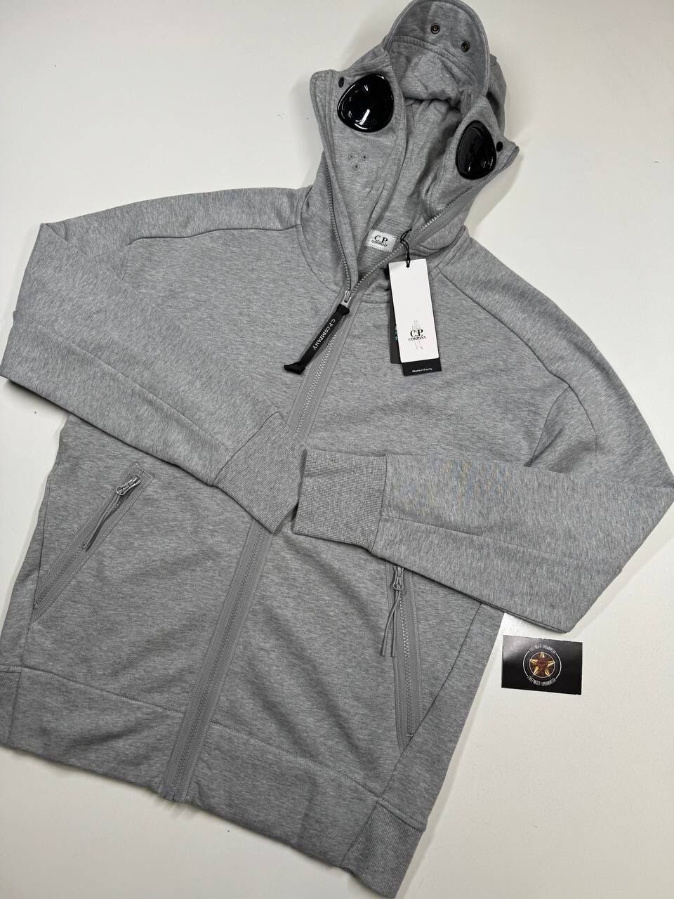 CP Company Diagonal Raised Fleece goggle Hood Open Zipped Sweatshirt in Grey - Image 1