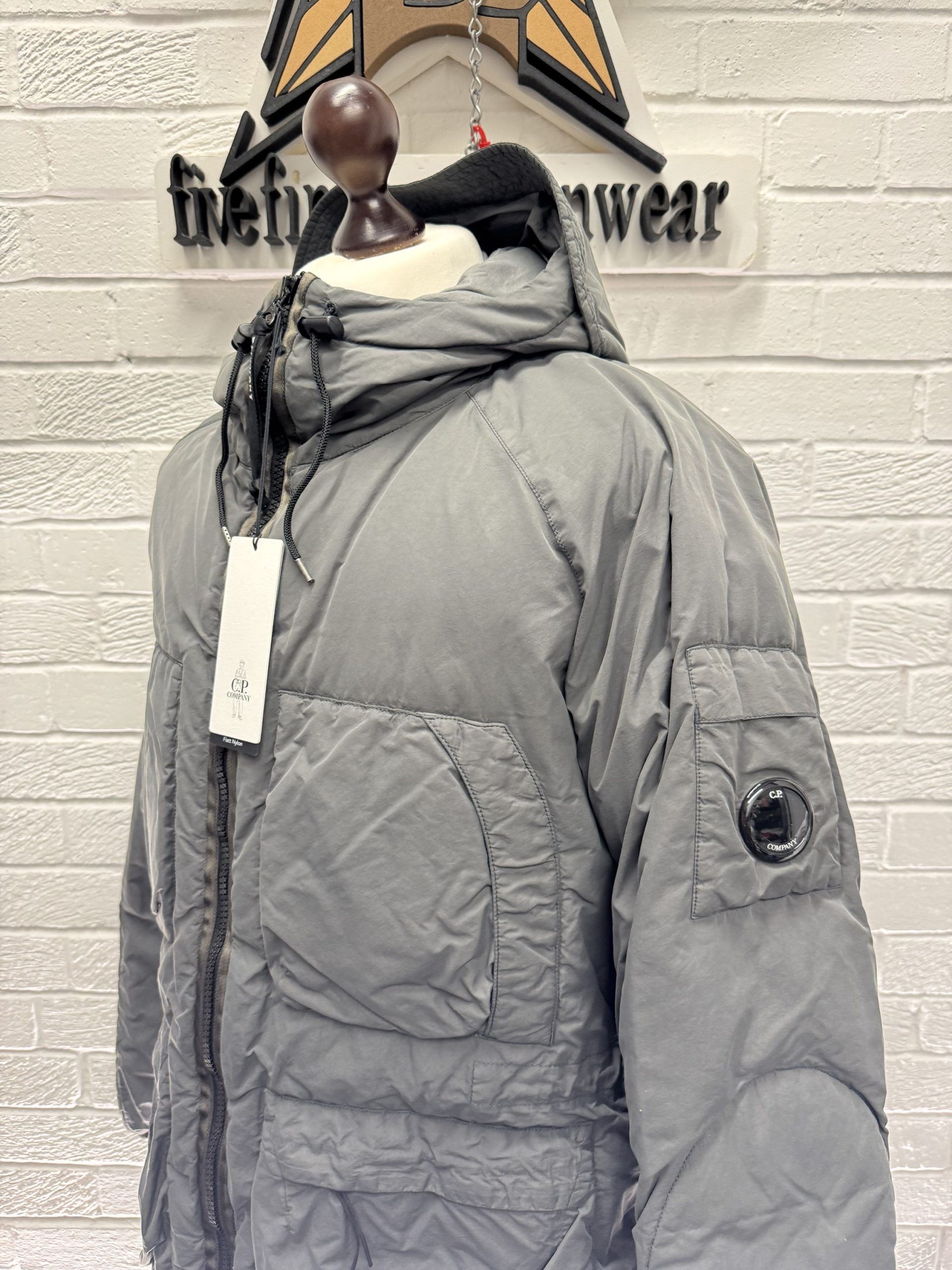 CP Company Flatt Nylon Long down hooded jacket in Grey