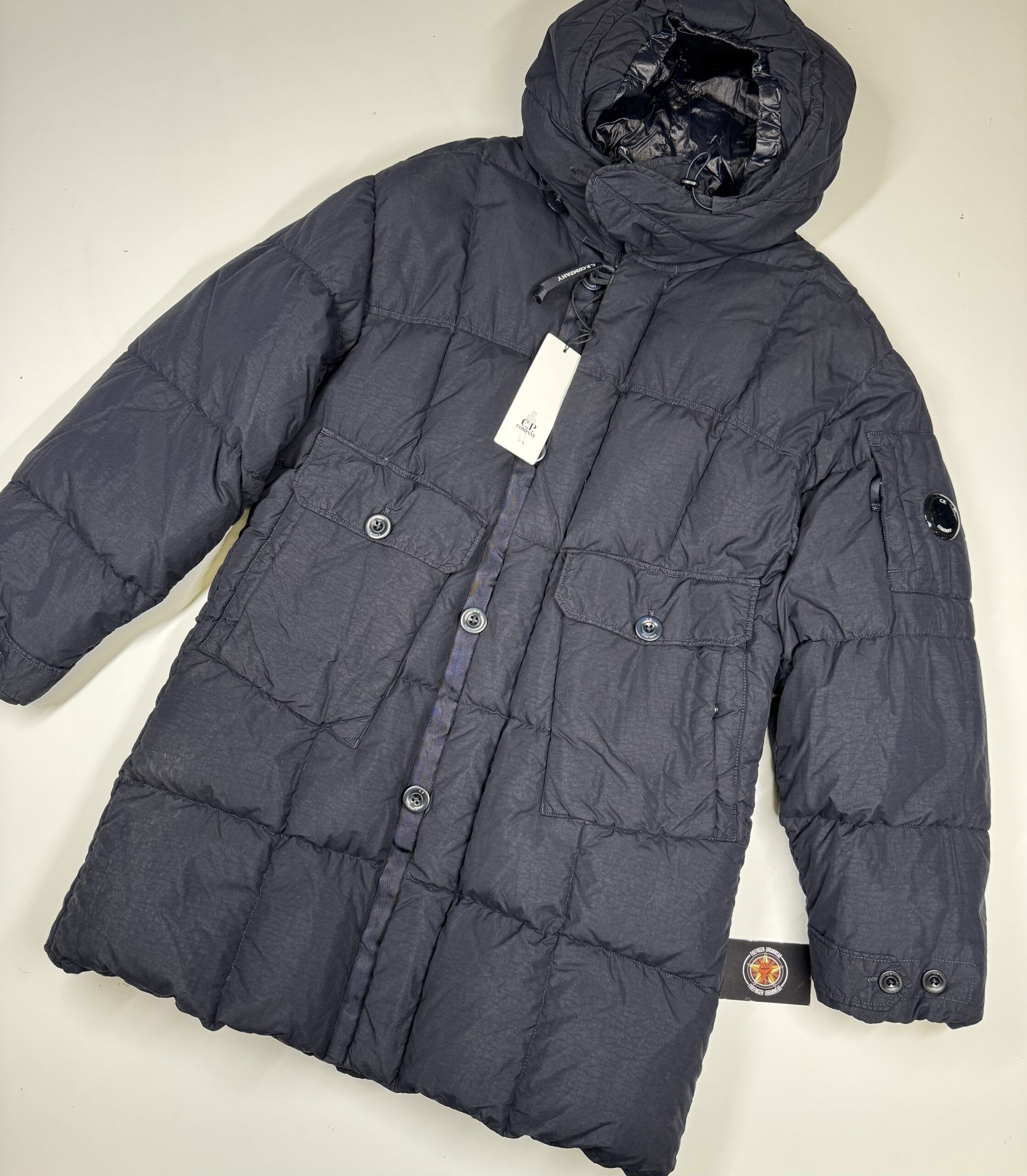 img_7003 CP Company 203A Flatt Nylon Long down hooded jacket in Navy -Medium / p2p 23.5" - Image 1