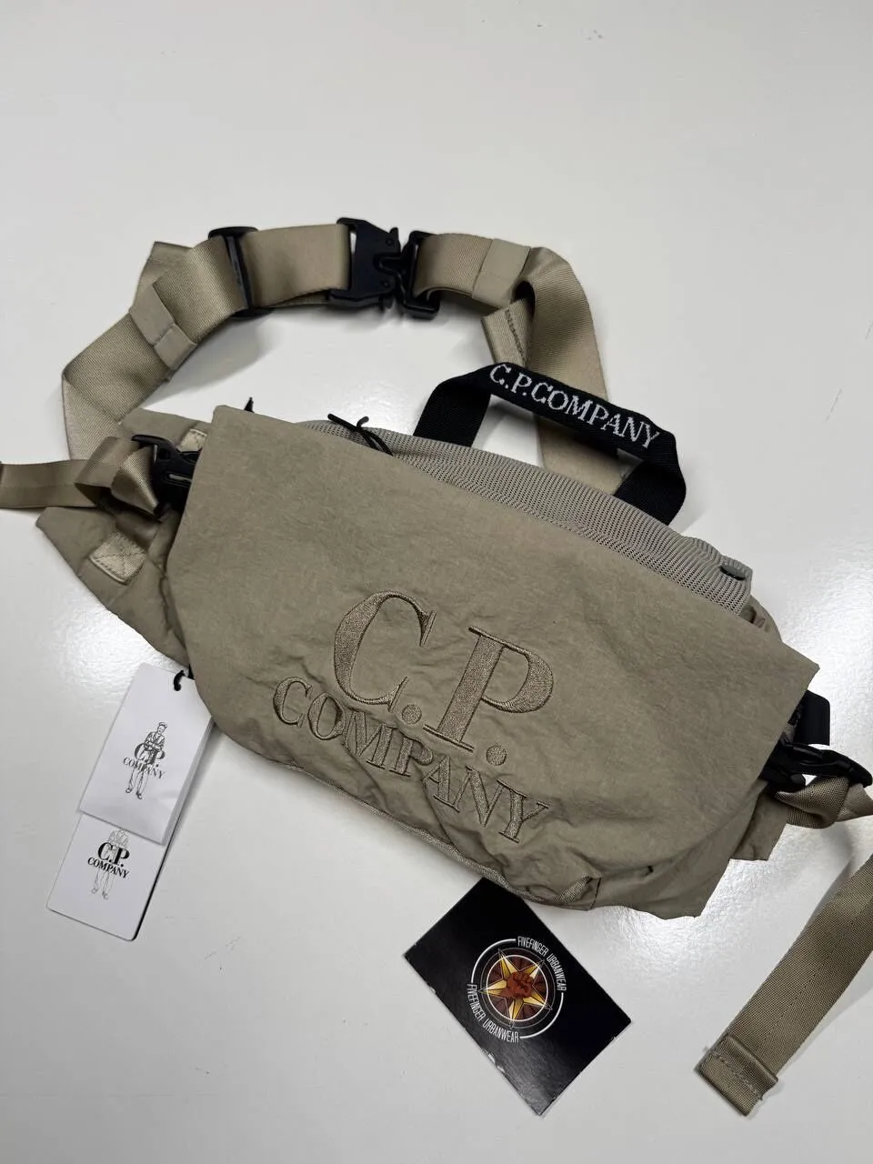 CP Company  Embroidered Logo Plain Paper Touch Belt Bag - Vintage Khaki - Image 1