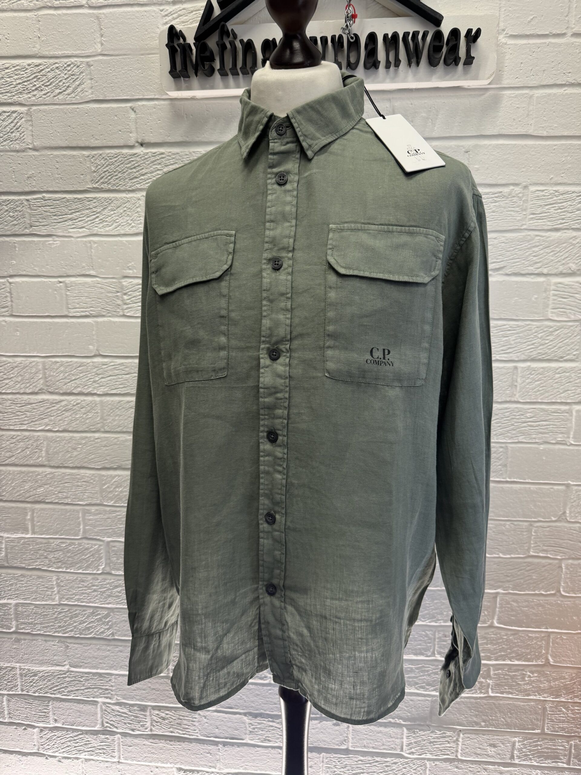 CP Company 250A Long sleeve Linen Shirt in Green Thyme - Image 1