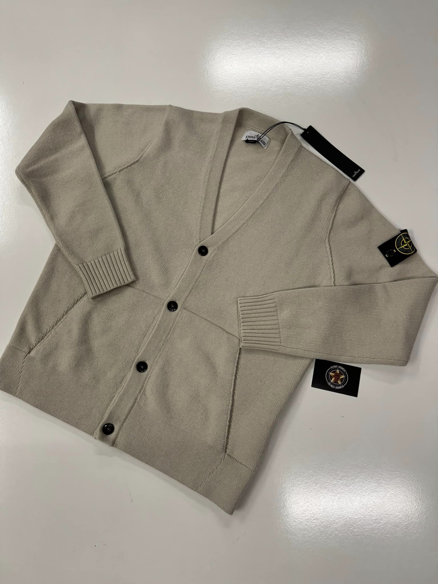 Stone Island 545B6 Cardigan knit in Geelong wool -     Colour  Stucco  -  Large / p2p 23” - Image 1