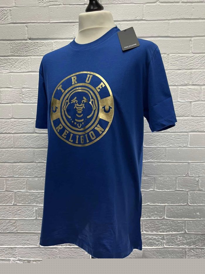True Religion Mens Foil Buddha Face Crew Neck T-Shirt in Blue  - Image 1
