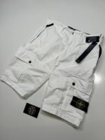 Stone Island L11WA OLD' Treatment in White. Cargo Bermuda shorts in brushed cotton canvas.