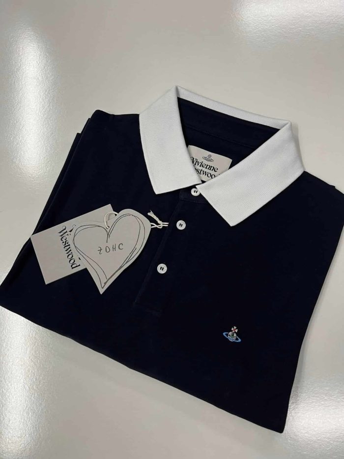 Vivienne Westwood short sleeved classic slim polo shirt in Navy - Image 4