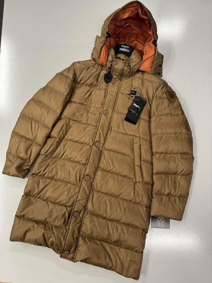 Mens Blauer Usa Long Down Jacket With Hood in Light Brown - Image 1