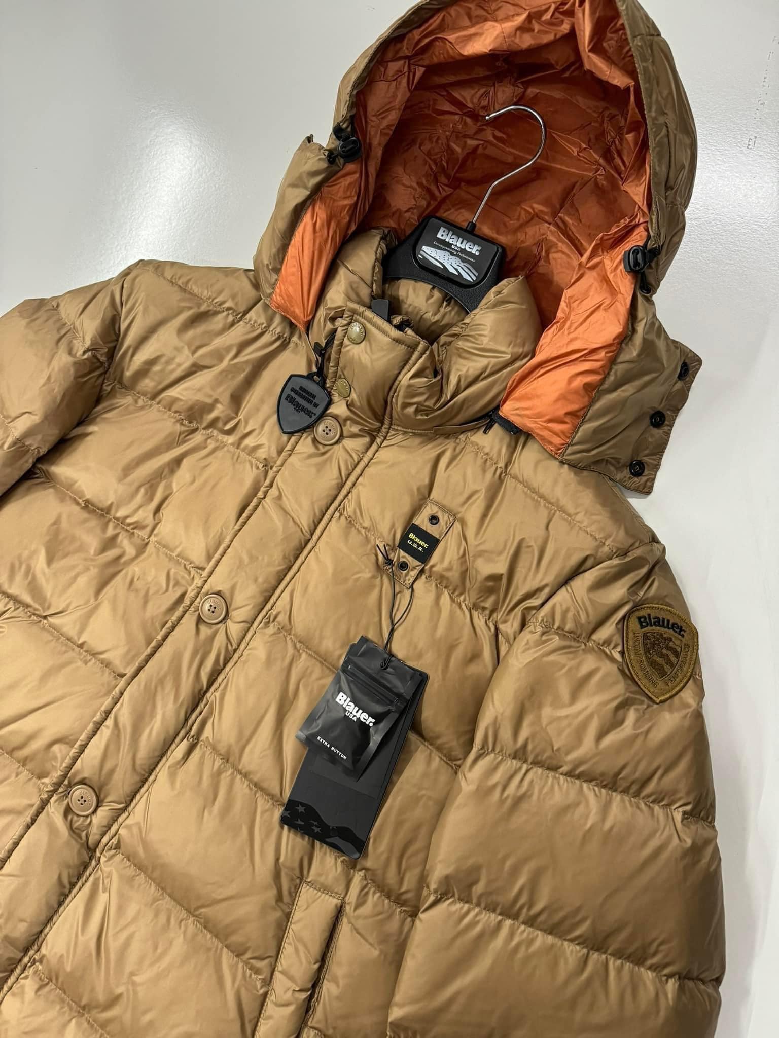 Mens Blauer Usa Long Down Jacket With Hood in Light Brown