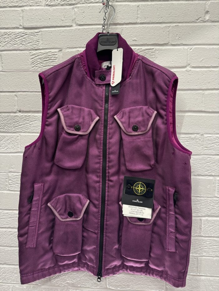 Stone Island G0224 Modified Panama 6/3 HT Nylon + Leather With Primaloft®-Tc Gilet In Purple - Image 11
