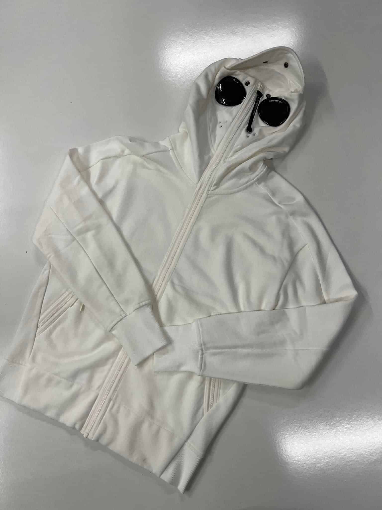 CP Company Diagonal Raised Fleece Zipped Goggle Hoodie in white 