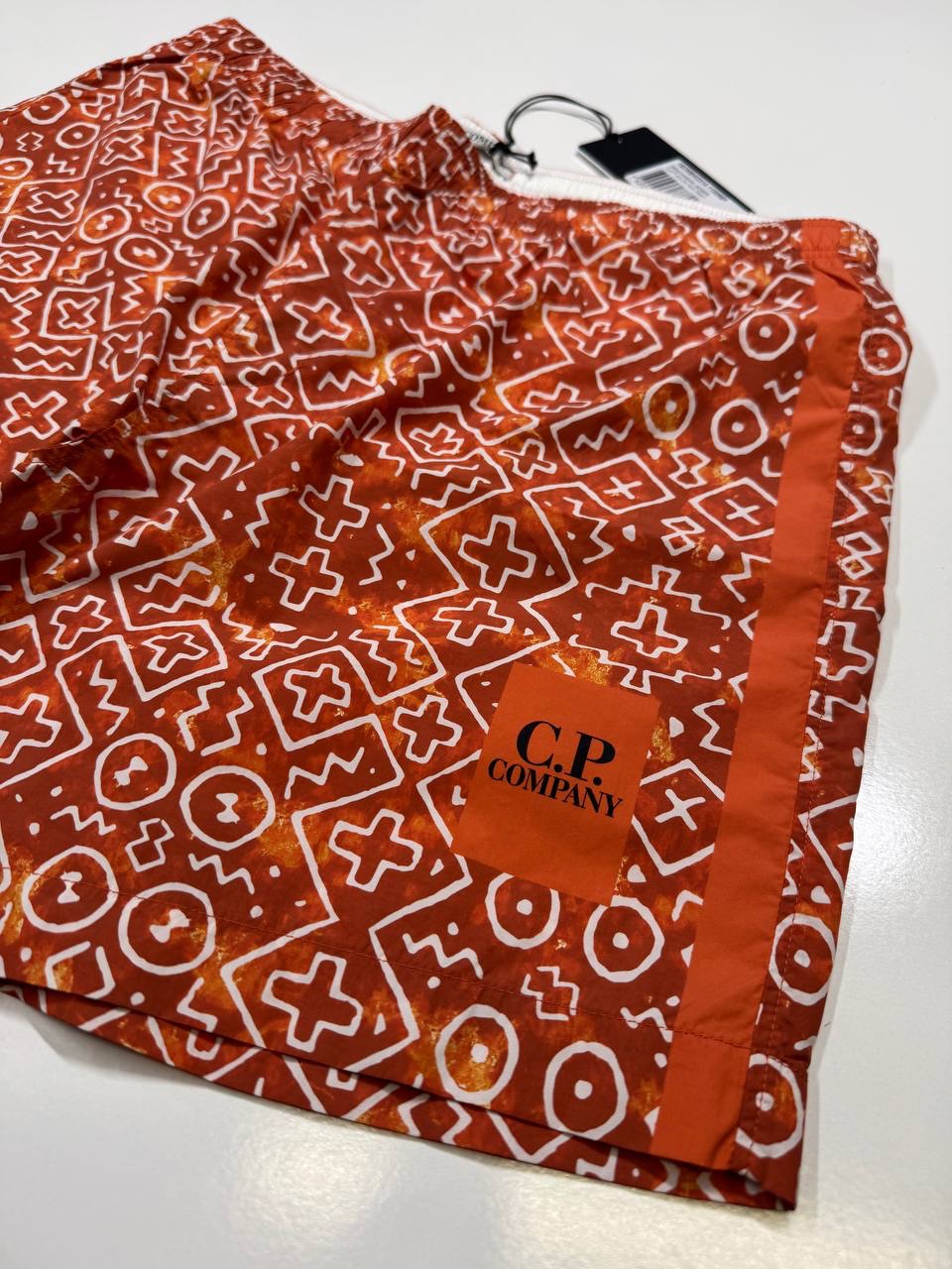 img_6339 C.P. COMPANY Inca Print Swim Shorts in Flatt Nylon- Orange - Image 1