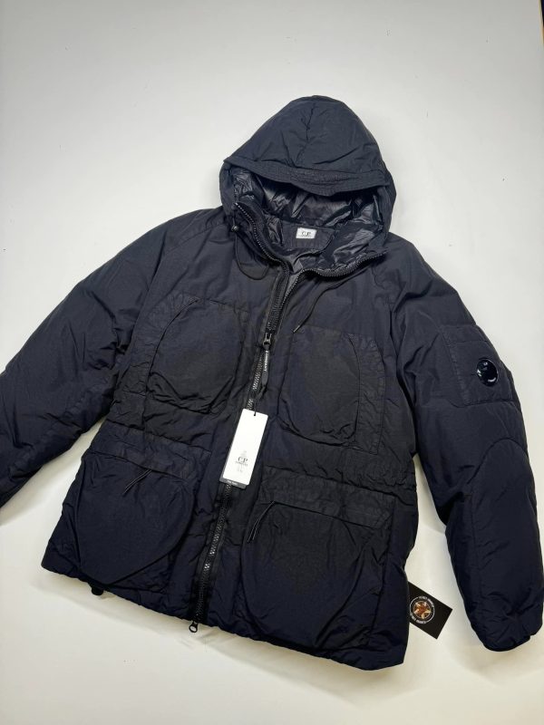 CP Company Flatt Nylon Long down hooded jacket in Black