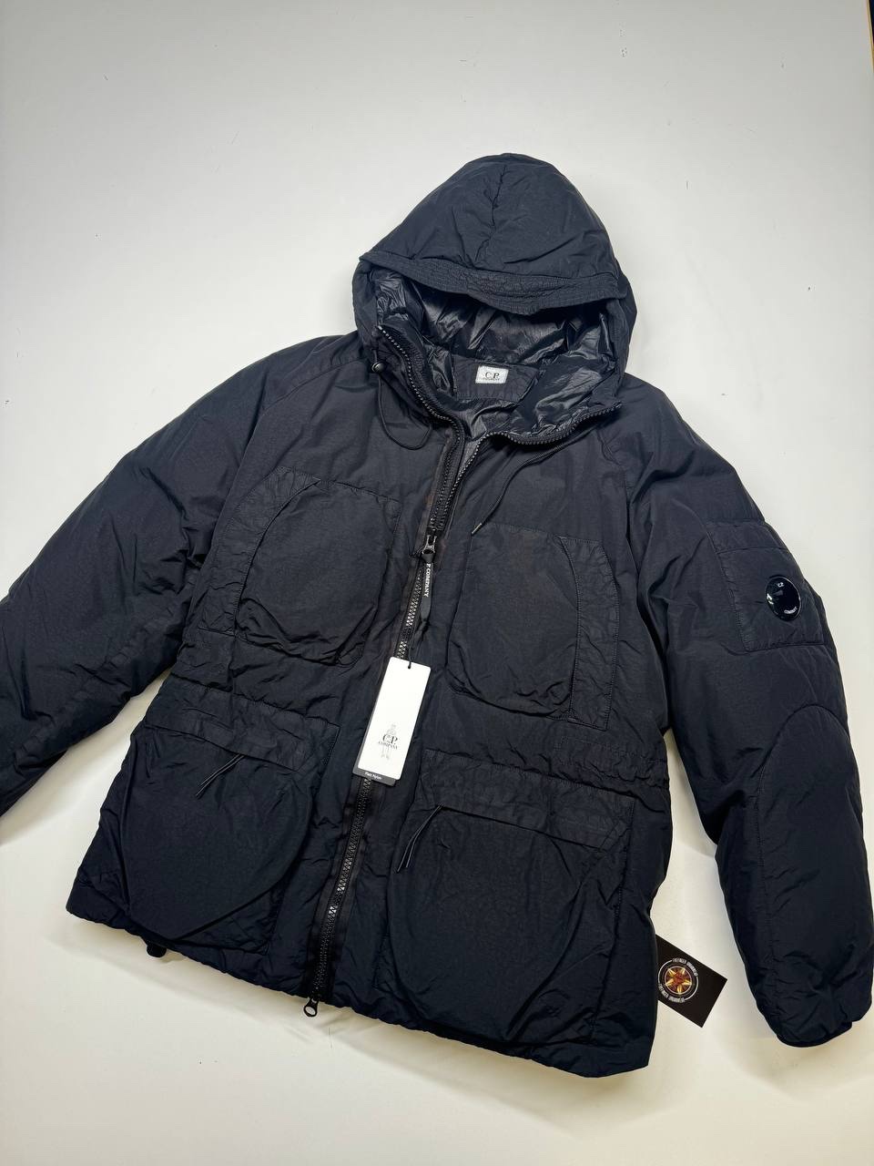 img_5616-2 CP Company 252A Flatt Nylon Long down hooded jacket in Black - Image 1