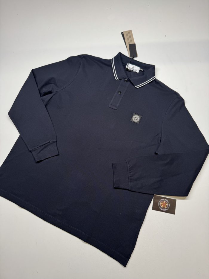 STONE ISLAND 2SL18 STRETCH ORGANIC COTTON PIQUÉ Slim Fit Long Sleeve Polo Shirt in Navy - Image 1