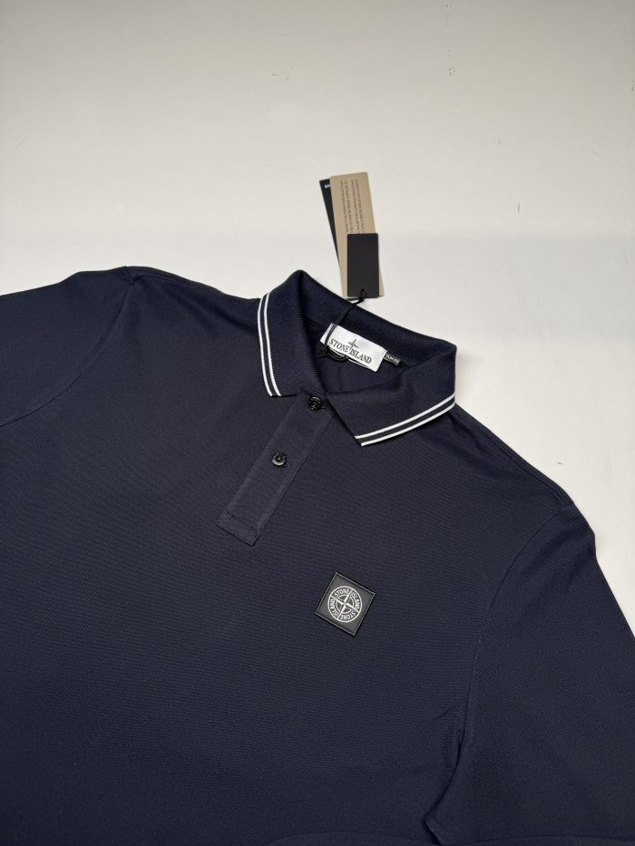 STONE ISLAND 2SL18 STRETCH ORGANIC COTTON PIQUÉ Slim Fit Long Sleeve Polo Shirt in Navy - Image 2