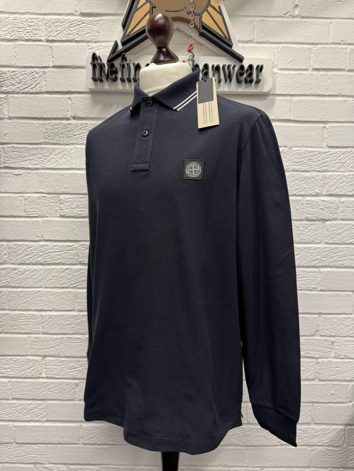 STONE ISLAND 2SL18 STRETCH ORGANIC COTTON PIQUÉ Slim Fit Long Sleeve Polo Shirt in Navy - Image 5