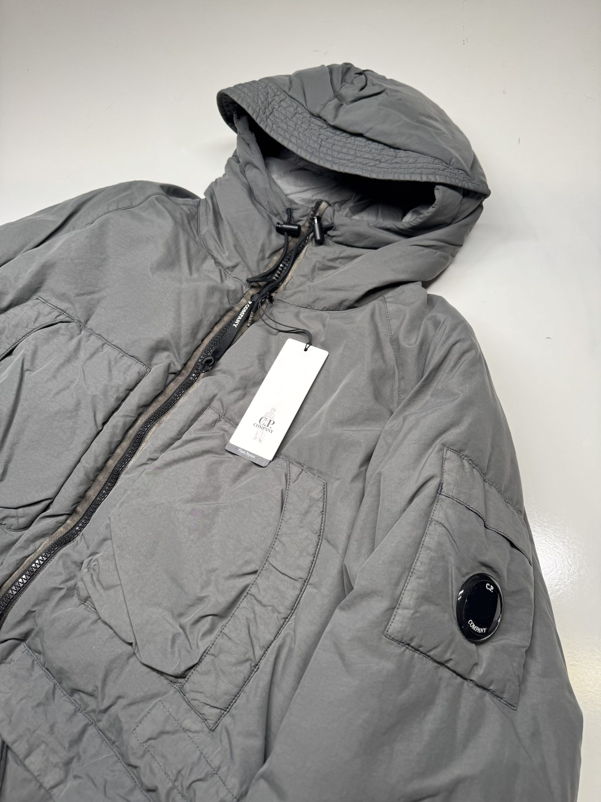CP Company Flatt Nylon Long down hooded jacket in Grey