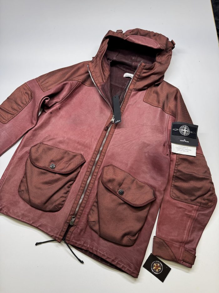 Stone Island LEATHER-TC MODIFIED PANAMA 6/3 HT NYLON hooded Leather Jacket -   Large / 24.5” P2P - Image 9