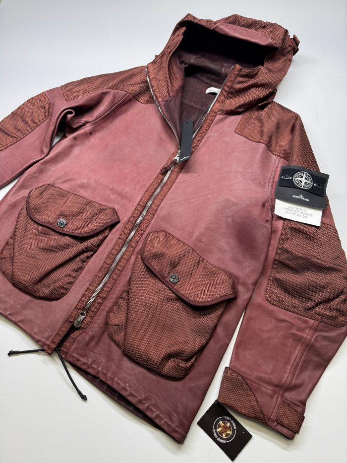 Stone Island LEATHER-TC MODIFIED PANAMA 6/3 HT NYLON hooded Leather Jacket -   Large / 24.5” P2P - Image 11