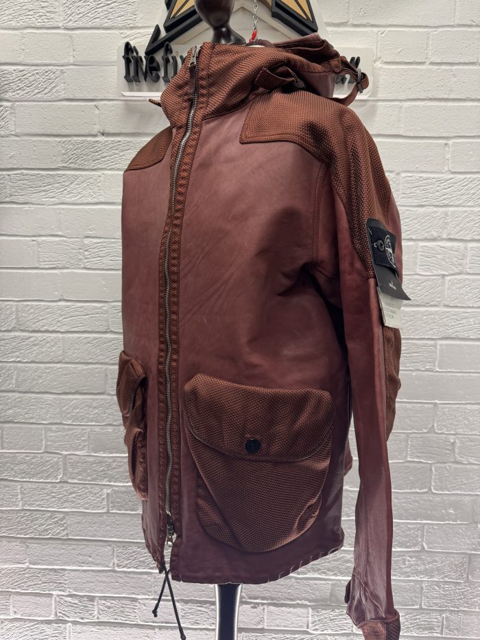 Stone Island LEATHER-TC MODIFIED PANAMA 6/3 HT NYLON hooded Leather Jacket -   Large / 24.5” P2P - Image 7