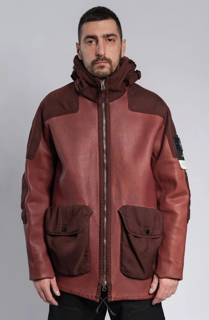 Stone Island LEATHER-TC MODIFIED PANAMA 6/3 HT NYLON hooded Leather Jacket -   Large / 24.5” P2P - Image 1