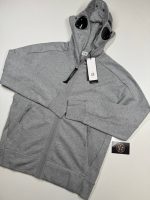 CP Company Diagonal Raised Fleece goggle Hood Open Zipped Sweatshirt in Grey