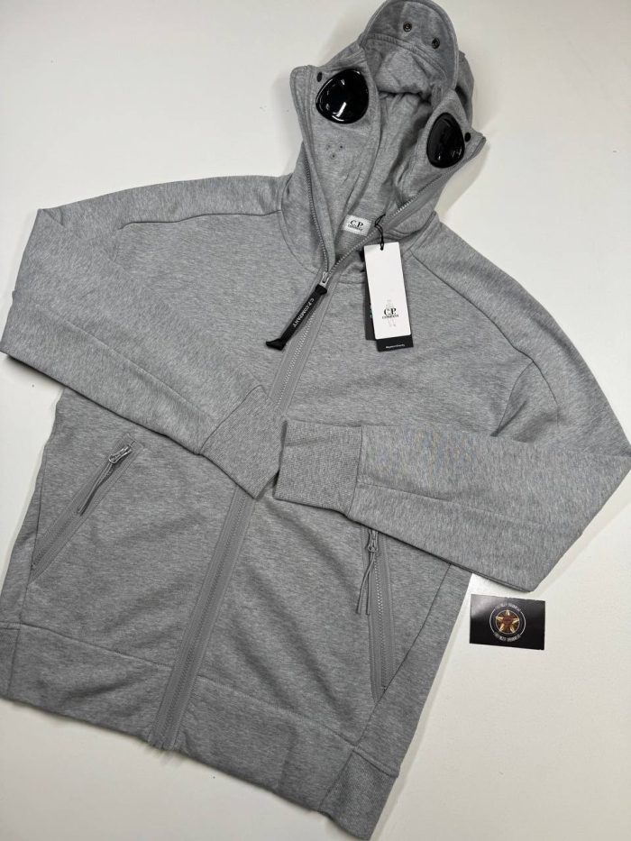 CP Company Diagonal Raised Fleece goggle Hood Open Zipped Sweatshirt in Grey - Image 1