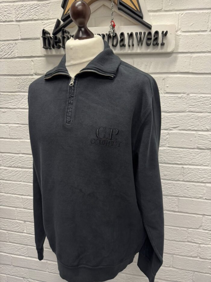 CP Company 1/4 zip Brushed & Emerized Diagonal Fleece Sweatshirt in Charcoal - Image 6