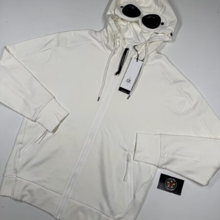CP Company Diagonal Raised Fleece goggle Hood Open Zipped Sweatshirt -Gauze white