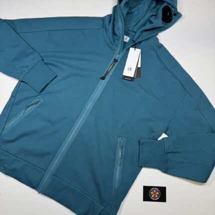 CP Company 062A Diagonal Raised Fleece goggle Hood Open Zipped Sweatshirt  - Petrol Blue