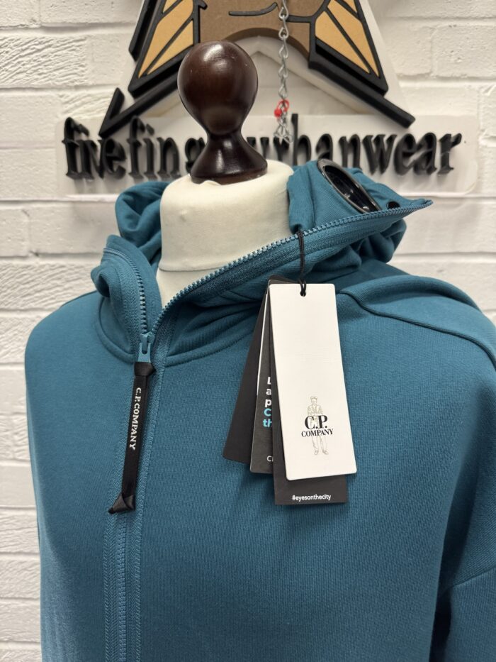 CP Company 062A Diagonal Raised Fleece goggle Hood Open Zipped Sweatshirt  - Petrol Blue - Image 6