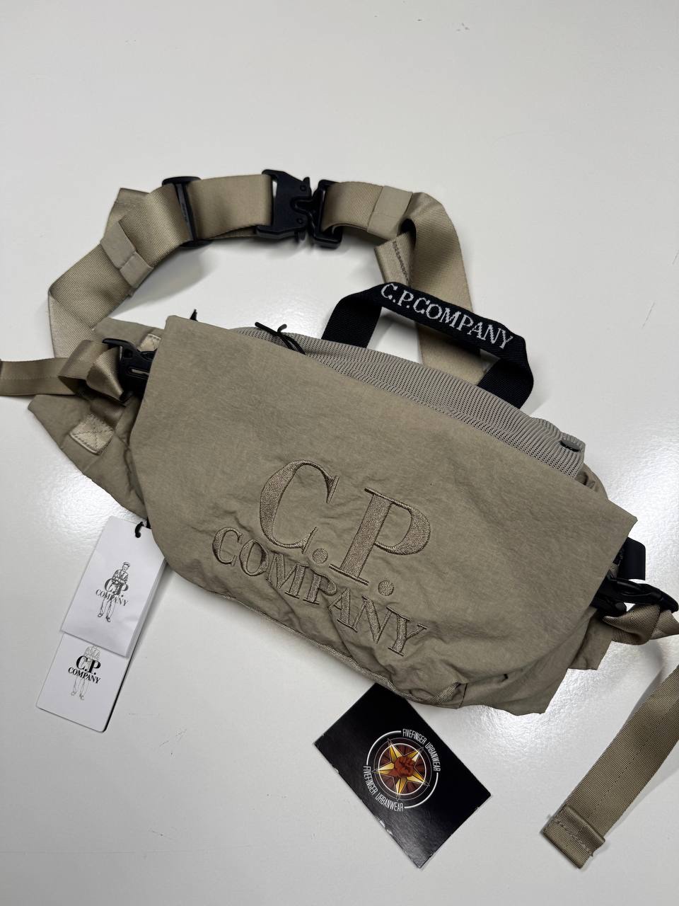 img_0593-2 CP Company Embroidered Logo Plain Paper Touch Belt Bag - Vintage Khaki - Image 1