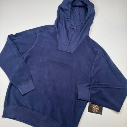CP Company 274A Brushed & Emerized Diagonal Fleece hooded Sweatshirt in Blue.