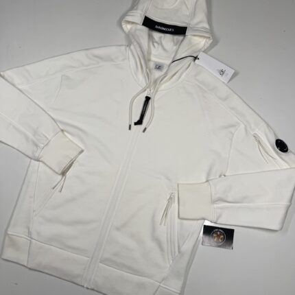 CP Company 025A  Diagonal Raised Fleece Hood Open Zipped Sweatshirt in White  - - Large / 23” p2p