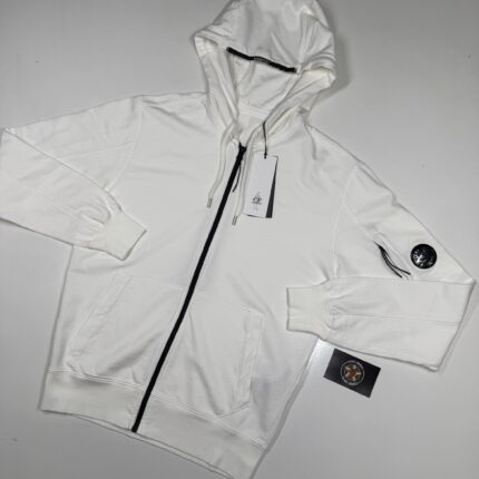 CP COMPANY GARMENT DYED LIGHT FLEECE OPEN HOODED SWEATSHIRT IN WHITE -  Small / P2P 20”