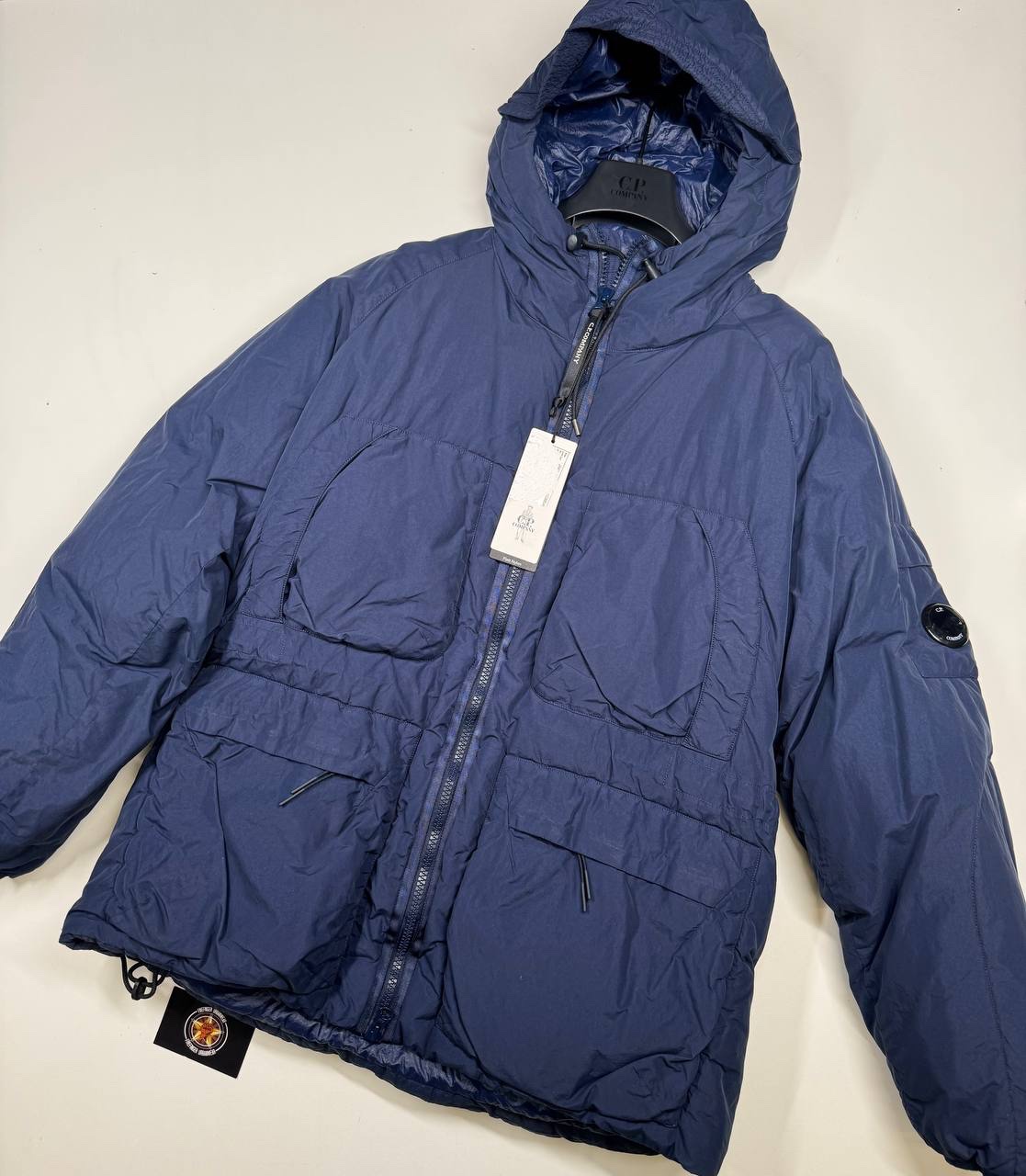 img_9409-2 CP Company 252A Flatt Nylon Long down hooded jacket in Blue - Image 1