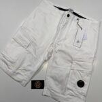 C.P COMPANY 116A SATIN STRETCH CARGO SHORTS IN WHITE