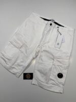 C.P COMPANY 116A SATIN STRETCH CARGO SHORTS IN WHITE