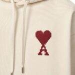 AMI PARIS Patch Heart Hooded Sweatshirt in Off White / Red - Image 2