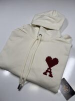 AMI PARIS Patch Heart Hooded Sweatshirt in Off White / Red - Image 7