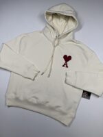 AMI PARIS Patch Heart Hooded Sweatshirt in Off White / Red - Image 5