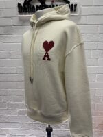 AMI PARIS Patch Heart Hooded Sweatshirt in Off White / Red - Image 4